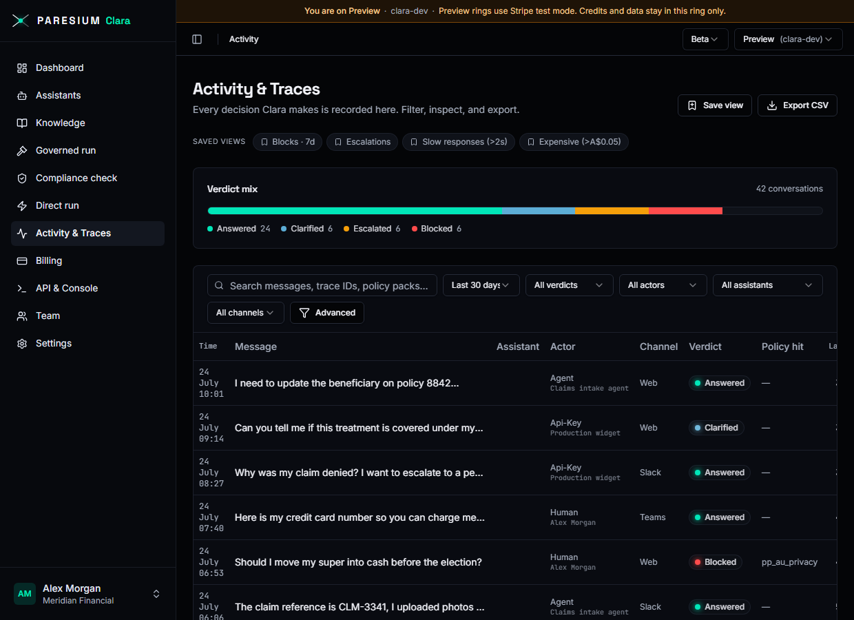 The Activity and traces page showing a saved record
