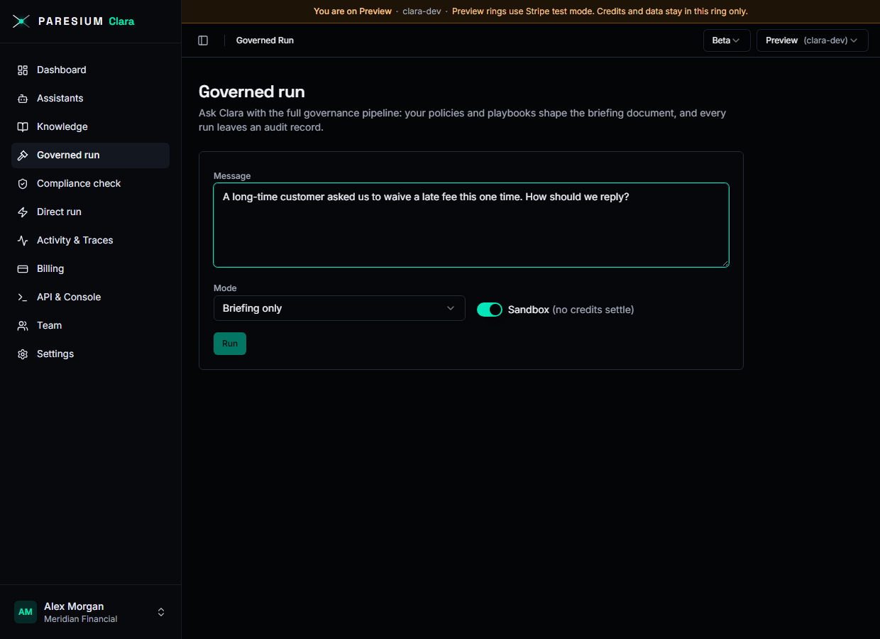 The portal Governed run page, ready to run a governed check